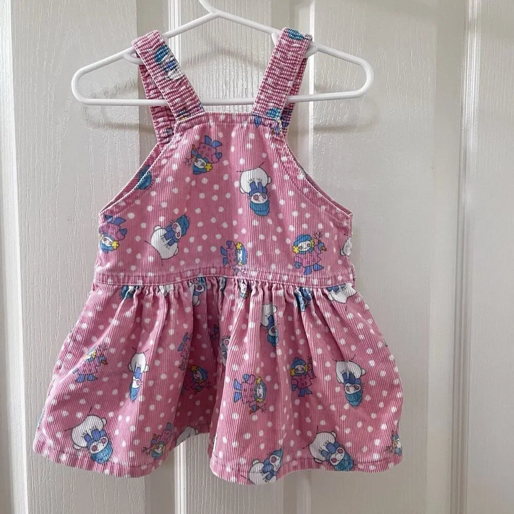 Vintage Oshkosh B'Gosh Pink Corduroy Snowman Overall Dress USA Girls 18 Months
